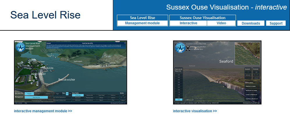 Screenshot of Sea Level Rise website showing two image of coastlines and interactive management modules